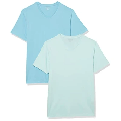 Image of Amazon Essentials Men&#039;s T Shirt Slim Fit Short Sleeved V Neck, Pack of 2, Aqua Blue/Light Blue, L