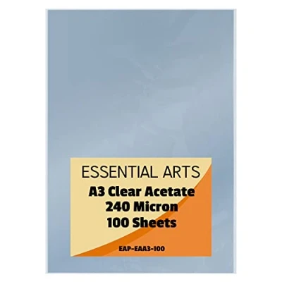 Image of Essential Arts A3 Clear Acetate 240 Micron Pack of 100 Sheets. Extra Thick PVC Binding Cover Ideal for Etching, Craft, Stencils Picture Frames and Gifts 297x420mm