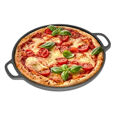Image of Chef Pomodoro Cast Iron Pizza Pan, Pre Seasoned 12 Inch Skillet Pan with Handles, Griddle for Dosa Tawa Roti Comal Tortillas, Baking Stove, Oven, Grill BBQ and Camping
