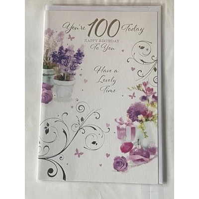 Image of Ladies Female Age 100 100th One Hundred Hundredth You&#039;re Today Happy Birthday To You Have A Lovely Time Card Purple Flowers/Gifts/Silver Words Foil Detail(SE29404)