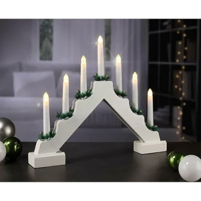 Image of GEEZY Wooden Christmas Candle Bridge Arch In White LED Candles Battery Operated Lights With Timer Function Xmas Window Sill Decorations And Ornaments