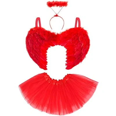 Image of Red Angel Wings and Halo Adult Devil Costume Women Tutu Fallen Womens Halloween Demon Cupid