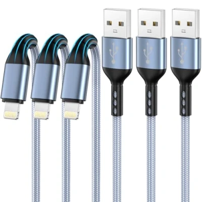 Image of iPhone Charger 3pack 10FT Apple MFi Certified Long Lightning Cable Fast Charging Nylon Braided USB High Speed Transfer Cord for 14 13/12/11 Pro Max/XS MAX/XR/XS/X/8/7/Plus/6S
