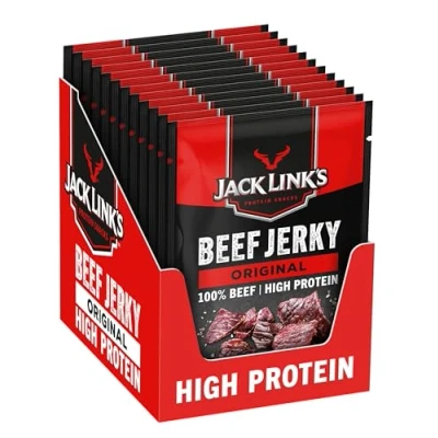 Image of Jack Link&#039;s Beef Jerky Original, Box of 12 x 40 g, Dried Meat Snack, High Protein Snacks for Gym, Fitness, Outdoor, Hiking, American Food, Halal Chips