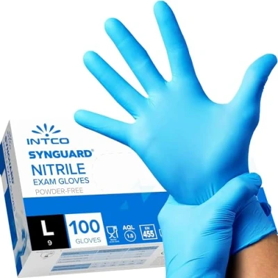 Image of Intco Nitrile Gloves (Large, 100 Count), Strong &amp; Flexible, Food Safe Blue Gloves, Non Sterile, Powder Latex Free Finger Textured Thick Disposable for Tools, Devices More