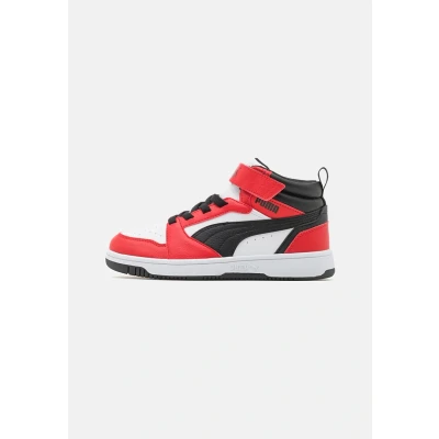 Image of Puma Rebound V6 MID JR Unisex Hightop trainers for kids, Size: 4.5, White/black/for all time red High quality imitation leather