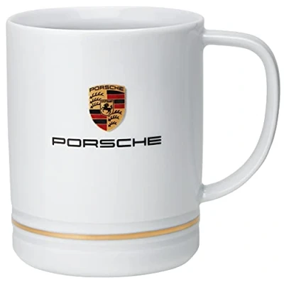 Image of Porsche Large White Porcelain Mug with Crest and Gold Leaf Ring 0.42L