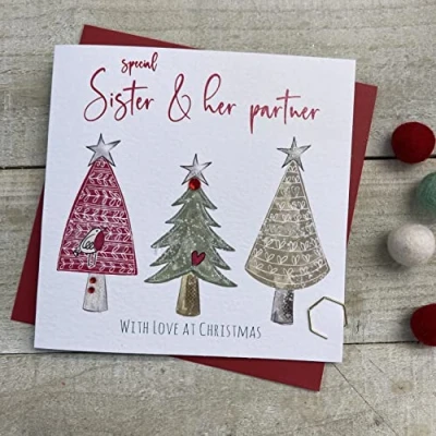 Image of WHITE COTTON CARDS SISTER &amp; HER PARTNER 3 TREES CHRISTMAS CARD, HANDMADE (C22 68 XC22 68)