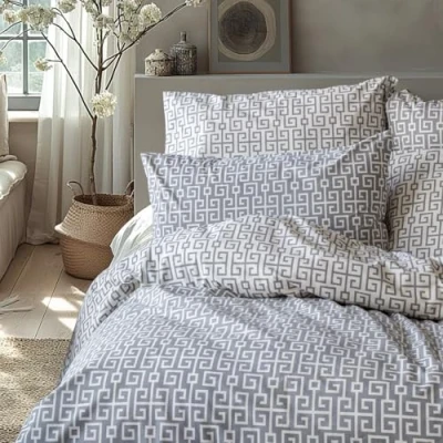 Image of LERUUM Double Duvet Cover Set Cotton Grey Bedding Reversible Greek Key Geometric Pattern Quilt Christmas Bed (Grey White Bedding)