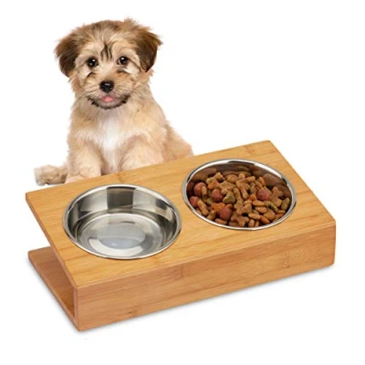 Image of Relaxdays Bowl Holder, Feeding Station for Cats &amp; Dogs, Tilted Stand Food Water, HWD 10x33.5x18 cm, Natural, bamboo, stainless steel