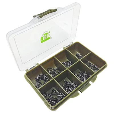 Image of Carp On 80 Assorted Barbless Eyed Fishing Hooks Curved and Wide Gape (Size 4, 6, 8 10) Comes in a Tough Tackle Storage Box 15cm x 12cm 3cm [14 46810]