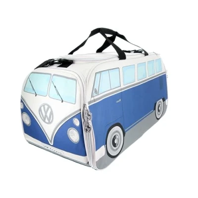 Image of BRISA VW Collection Volkswagen Retro Sport Shoulder Fitness Bag Duffel in T1 Bus Campervan Shape (Large/Classic Bus/Blue &amp; Beige)