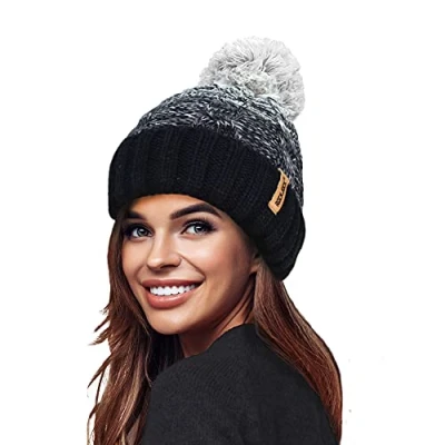 Image of RockJock STORMACTIVE 100% Waterproof Ladies Unisex Chunky Ombre Warm Winter Teddy Fleece Lined Knitted Pompom Beanie Hat