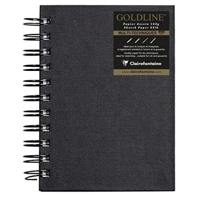 Image of Clairefontaine Ref 34258C Goldline Wirebound Pad (64 White Sheets) A6 Size, 140gsm Paper, Portrait Layout Black Cover Suitable for Dry Techniques