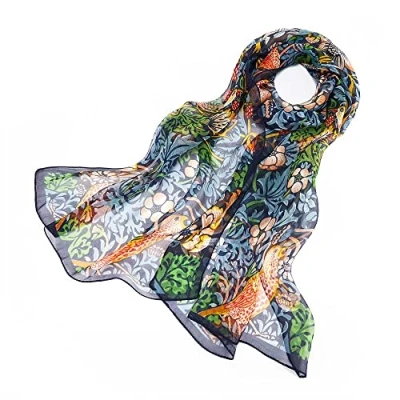 Image of Signare Women&#039;s 100% Silk Lightweight and soft Scarf/Headwear with William Morris Design (Strawberry Thief Blue)