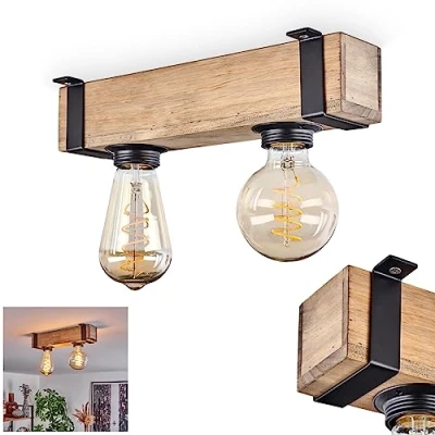 Image of Ceiling Light Montgomery, Modern lamp Made of Metal/Wood in Black/Nature, Industrial Style, Retro/Vintage 2 Flame with Wooden Beam, x E27 Socket. Without Bulbs