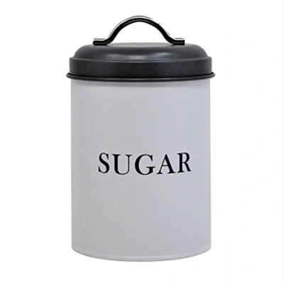 Image of Monsoon Airtight Sugar Canister White &amp; Grey Barrel Storage Round Metal Caddy Individual Jar Kitchen Container Tin Vintage (Sugee)