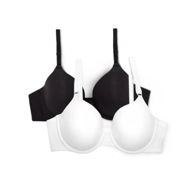 Image of Fruit of the Loom Women&#039;s T Shirt Bra, Opaque, White/Black Hue, 36C (Pack 2)