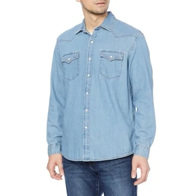 Image of Amazon Essentials Men&#039;s Regular Fit Long Sleeve Denim Shirt, Light Blue, XS