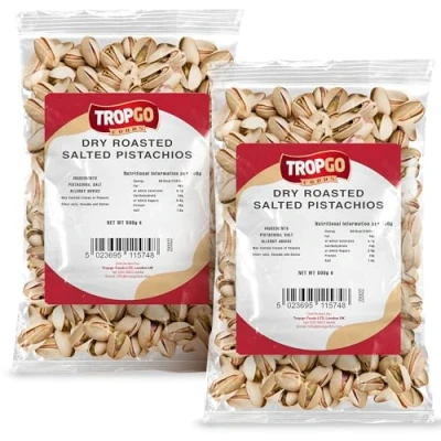 Image of Tropgo Pistachio Nuts Roasted &amp; Salted 400g Pack of 2 Jumbo Pistachios in Shells , Premium Quality Healthy Snack High Fibre Minerals Gluten Free Packed Fresh Perfect for Snacking