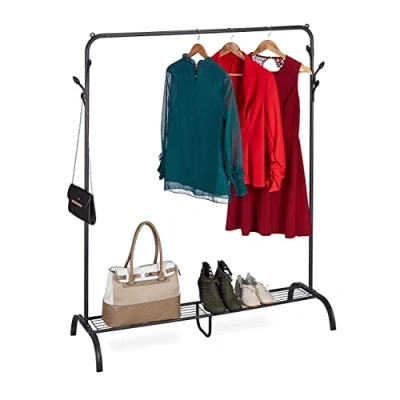 Image of Relaxdays Coat Rack Metal, Shoe &amp; Bag Shelf, 6 Hooks, Clothes Rail Bedroom, HWD: 145 x 132 44 cm, Free Standing, Black, Steel