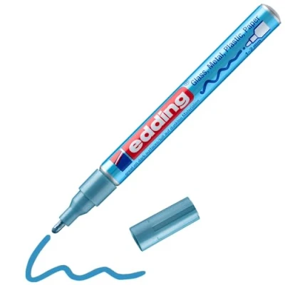 Image of edding 751 gloss paint marker light blue metallic 1 round nib 2 mm pen for glass, pebbles, wood, plastic, paper waterproof, high coverage