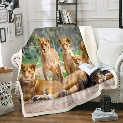 Image of Lion Fuzzy Blanket 3D Wild Animal Fleece Wildlife Style Sherpa Throw for Sofa Couch Lightweight Jungle Family Plush Single 50&quot;x60&quot;