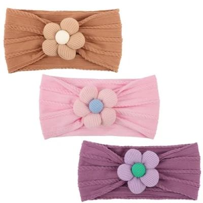 Image of DRESHOW 3 Pack Girls Flower Headbands Stretchy Nylon Handmade Hair Accessories for Newborn Infant Toddlers Kids