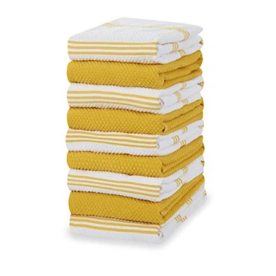 Image of Sticky Toffee 100% Cotton Terry Tea Towel Yellow &amp; Stripe Pattern, Pack of 9 Kitchen Set Absorbent, Strong, Quick Dry Machine Washable Home Bathroom Accessories