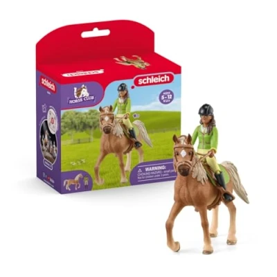 Image of schleich 42542 Horse Club Sarah and Mystery Figurine Set Toy Playset with Removable Saddle Bridle, Fully Movable Rider Figurine, Adventurous Fun for Boys Girlsfor Kids Ages 5+