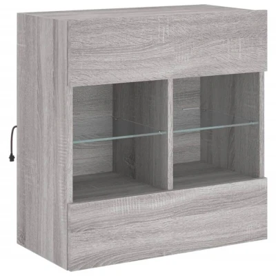 Image of vidaXL Wall Mounted TV Cabinet with RGB LED Lights, Floating Entertainment Unit, Ample Storage 2 Glass Shelves Grey Sonoma Engineered Wood