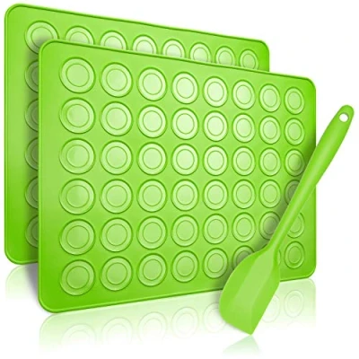 Image of Belmalia 2X Macaron Silicone Baking Mat for Perfect Macarons Non Stick Mould with Pastry Dough Scraper Green