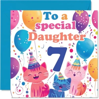 Image of 7th Daughter Birthday Card Cute Cats Special Happy for from Mum Dad, 145mm x Age 7 Seven Greeting Cards