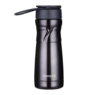 Image of Pioneer STD450S Vacuum Insulated Stainless Steel Double Walled Drink Pod Flask with Rubber Handle and Strainer Hot Cold for up to 8 Hours 100% Leak Proof 0.45 L Slate