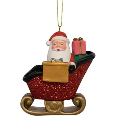 Image of Personalised Santa in a Sleigh with Pink Presents Hanging Christmas Decoration Ornament Bauble engraved name