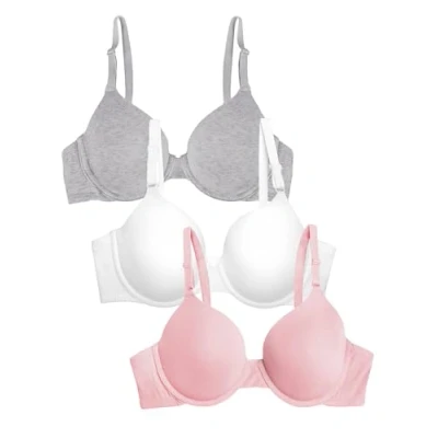 Image of Fruit of the Loom Women&#039;s T Shirt Bra, Opaque, Blushing Rose/White/Grey Heather, 38C (Pack 3)
