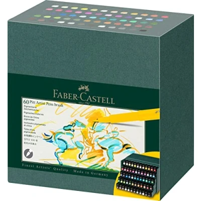 Image of Faber Castell Art &amp; Graphic Pitt Artist Pen Brush India Ink Pen, Multicoloured, Studio Box Of 60, For Art, Craft, Drawing, Sketching, Home, School, University, Colouring