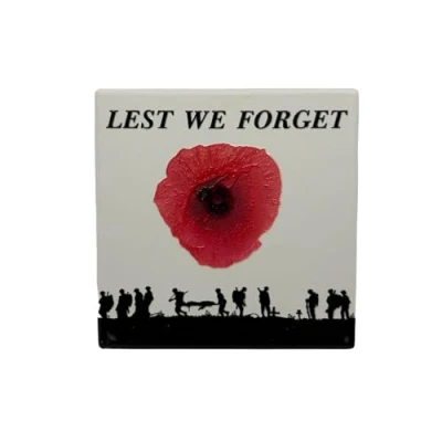 Image of Milford Collection Ceramic Art Coaster 10x10cm Remembrance Lest We Forget Design Cork Backed Non Slip Drink Table Mat for Home Decor