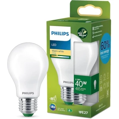 Image of PHILIPS Ultra Efficient Energy Saving Lights, LED Light Source, 40W, A60, E27, Warm White 2700 Kelvin, Frosted