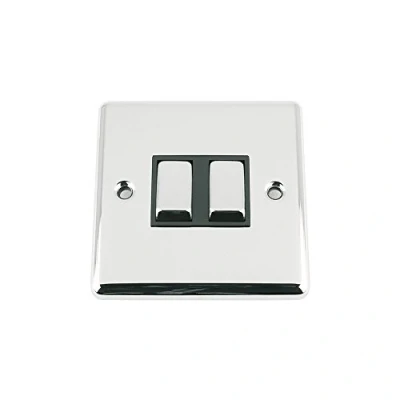 Image of Light Switch 2 Gang Polished Chrome Classic Black Insert Metal Rocker Switches 10A Way