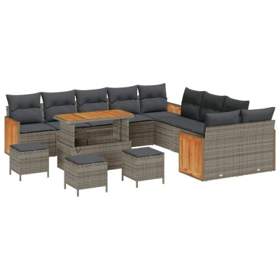 Image of vidaXL 14 Piece Garden Sofa Set with Cushions Grey Poly Rattan Acacia