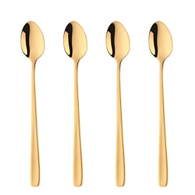 Image of BISDARUN Latte Spoons 18/10 Stainless Steel Long Handle Dessert Spoon Sundae Set of 4 Gold Cappuccino Coffee Ice Teaspoons 20 CM/7.9 Inch