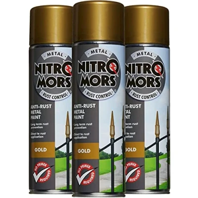Image of Nitromors Smooth Metal Paint Gold 500ml Aerosol 3 Pack Protection Against Rust and Corrosion Superior Coverage NGI500