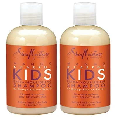 Image of SheaMoisture&#039;s Mango and Carrot Extra Nourishing Shampoo gently cleanses detangles children&#039;s fine delicate hair. Helps nourish strengthen hair, while protecting against breakage.