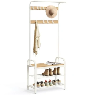 Image of VASAGLE Coat Rack, Stand with Shoe Storage Bench, 4 in 1 Design, 9 Removable Hooks, a Clothes Rail, for Hallway, Entrance, 33.7 x 72 183 cm, Modern, Oak and Cream HSR40W