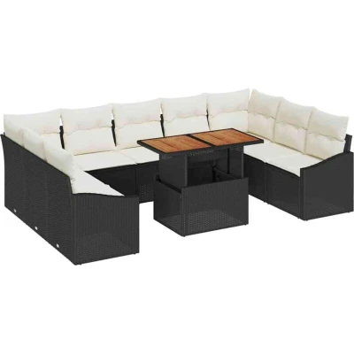 Image of vidaXL 10 Piece Garden Dining Set with Cushions Black Poly Rattan Acacia