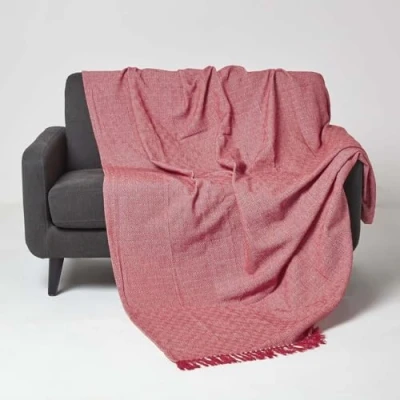 Image of HOMESCAPES Handwoven Red Throw 225 x 255 cm Geometric 100% Cotton Blanket with Tassels Thick All Season “Malda Bedspread for Bed or Sofa Cover
