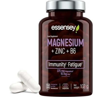 Image of Essensey Magnesium + Zinc Vitamin B6 Complex Supplements Immune Support, Energy Boost, and Bone Health Vegan 120 Capsules