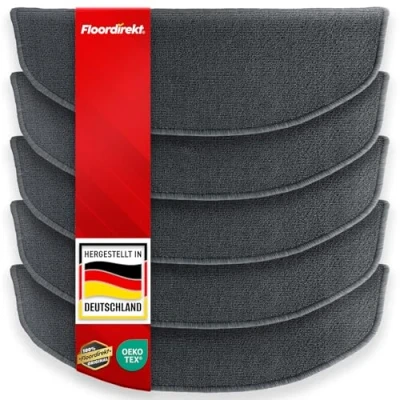Image of Floordirekt 15 x Stair Tread Mats, Mats Indoor for Carpet, Self Adhesive, Rug Protectors, Protection (London, Anthracite, 65 23 cm, Semicircular)