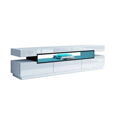 Image of TV Cabinet Media Storage with 3 Drawers, High Gloss Stand Unit LED Light, Modern 160cm for Living Room Furniture (White)